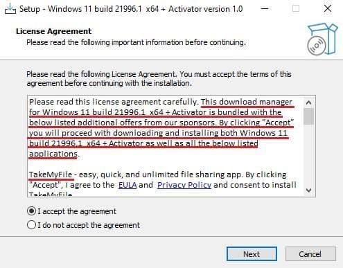 Um exemplo de um falso instalador do Windows 11 (Fonte: Kaspersky)