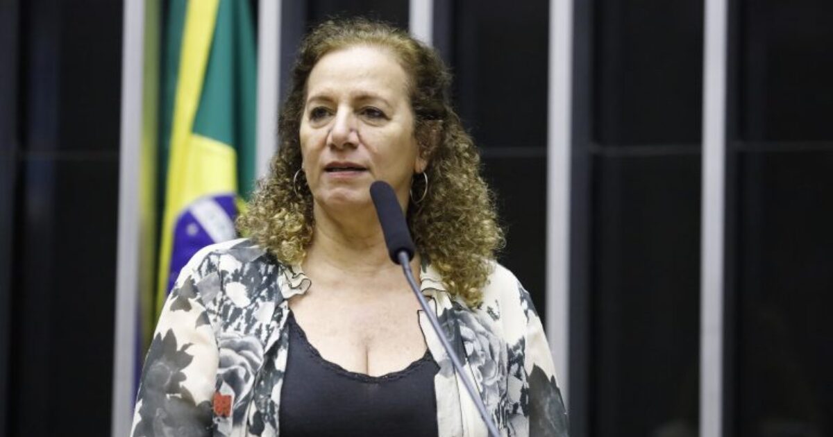 Deputada Jandira Feghali discursa em plenário na Câmara dos Deputados, com bandeira do Brasil ao fundo. Ela está posicionada em frente a um microfone, usando uma blusa estampada e com expressão séria