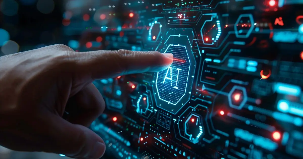 A imagem mostra uma mão humana tocando numa interface digital futurista, com o dedo apontando para um hexágono que contém a palavra "AI" (Inteligência Artificial) em destaque. A interface é composta por gráficos brilhantes em tons de azul e vermelho, com formas hexagonais, linhas conectivas e elementos de design tecnológico. O fundo é desfocado, enfatizando a interação entre a mão e a interface. A cena transmite um ambiente de alta tecnologia e inovação. sas, ia generativa, nvidia
