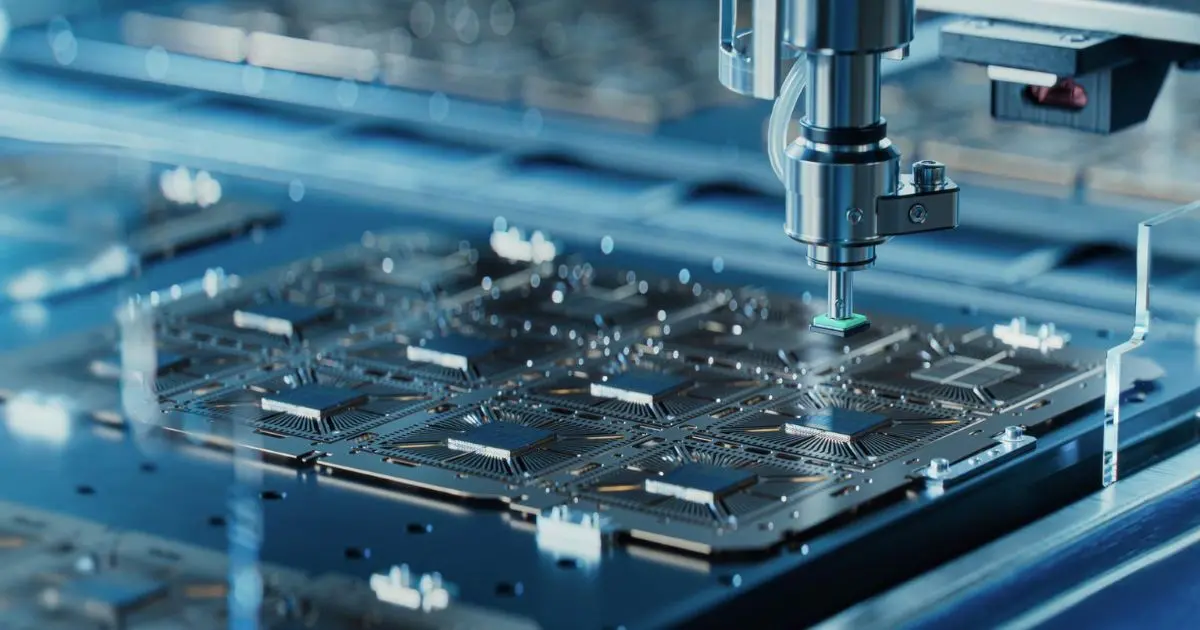 Uma imagem em close de um processo automatizado de fabricação de microchips. Um braço robótico de alta precisão está posicionando um pequeno componente eletrônico sobre uma placa de circuito integrada. O ambiente é moderno, com tons metálicos e azulados, destacando tecnologia avançada. Ao fundo, várias placas de circuito estão dispostas, sugerindo uma linha de produção industrial altamente tecnológica.