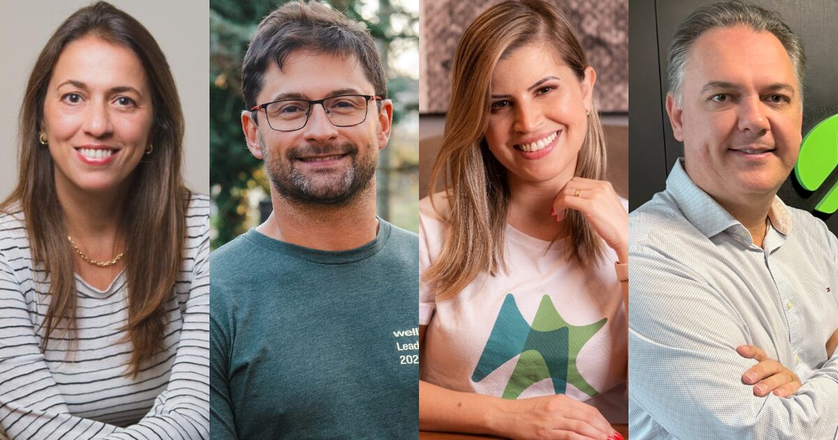 Montagem com quatro novos executivos da semana: Cristiane Matesco, diretora de vendas da Cisco; Ricardo Guerra, CEO da Wellhub; Mara Scarpini, CEO da MK Solutions; e Fernando Cargnin de Almeida, diretor da Unidade Espírito Santo da Sankhya. Cada um deles aparece sorrindo em fotos individuais, com diferentes fundos e estilos que refletem seus ambientes profissionais