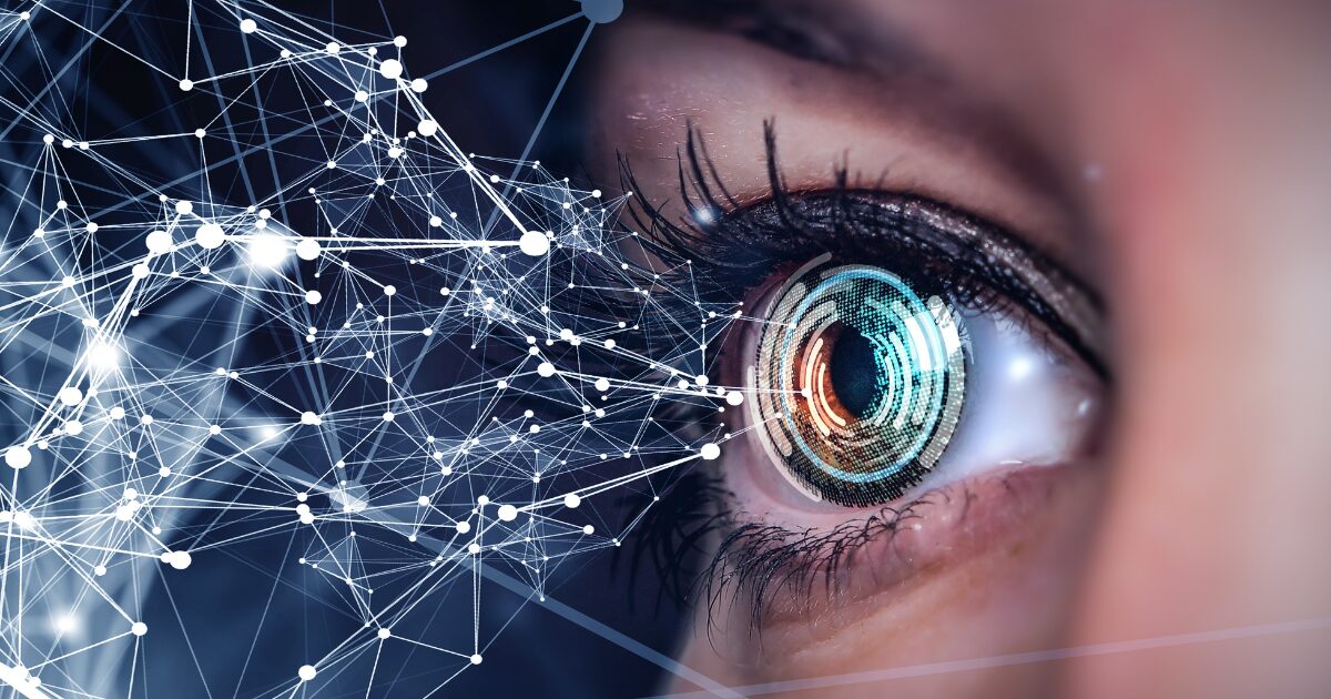 Close-up de um olho humano com elementos digitais sobrepostos, incluindo redes interconectadas e luzes futuristas, representando tecnologia de biometria ocular e análise de dados. (escaneamento de íris)